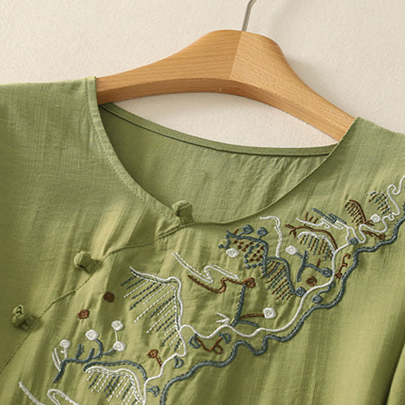 Nimara Ritual Summer Mountain Embroidered Crew Neck Women's Short Sleeve Shirt