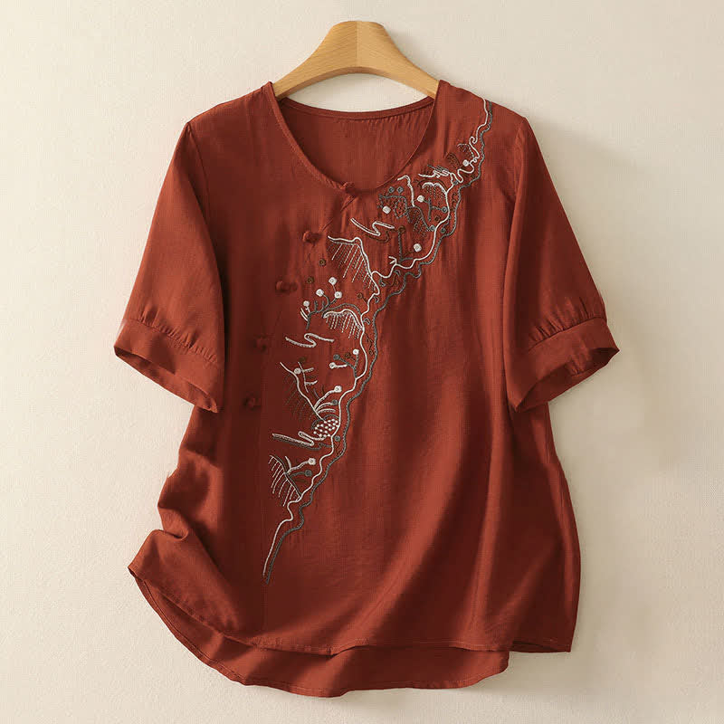 Nimara Ritual Summer Mountain Embroidered Crew Neck Women's Short Sleeve Shirt