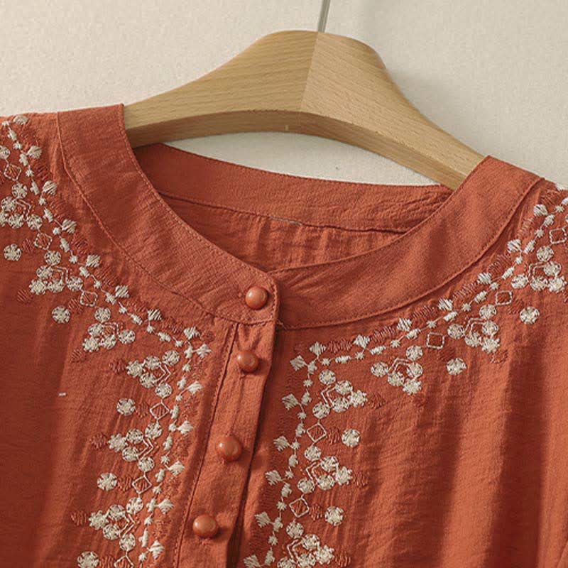 Nimara Ritual Spring Embroidered Cotton Half Buttons Women's Short Sleeve Shirt