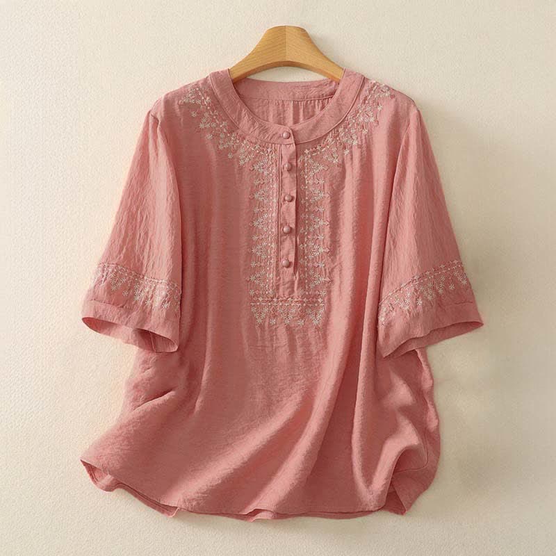 Nimara Ritual Spring Embroidered Cotton Half Buttons Women's Short Sleeve Shirt