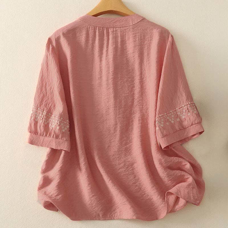 Nimara Ritual Spring Embroidered Cotton Half Buttons Women's Short Sleeve Shirt