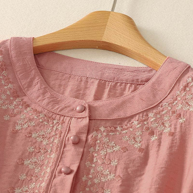 Nimara Ritual Spring Embroidered Cotton Half Buttons Women's Short Sleeve Shirt
