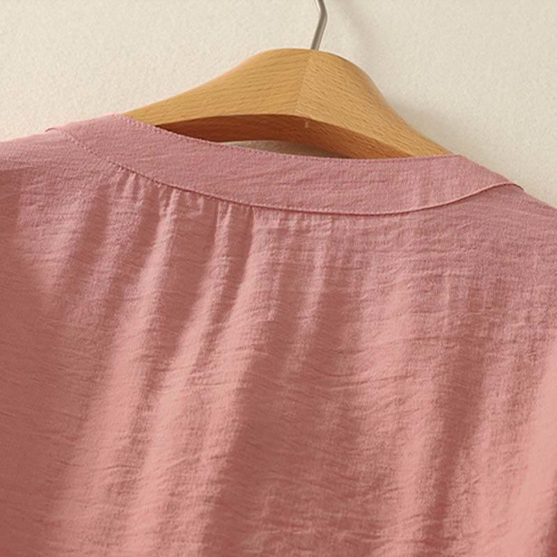 Nimara Ritual Spring Embroidered Cotton Half Buttons Women's Short Sleeve Shirt