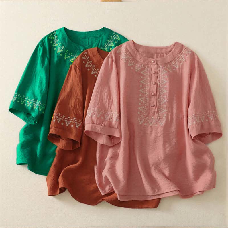 Nimara Ritual Spring Embroidered Cotton Half Buttons Women's Short Sleeve Shirt