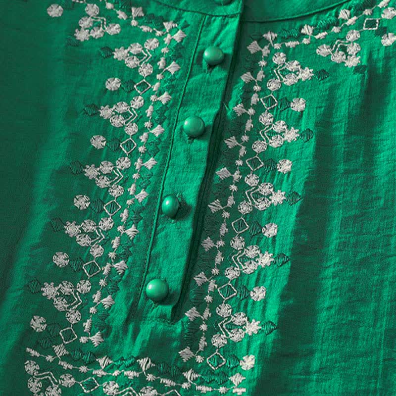Nimara Ritual Spring Embroidered Cotton Half Buttons Women's Short Sleeve Shirt