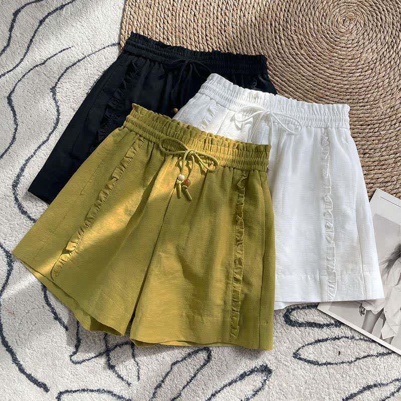 Nimara Ritual Summer Drawstring Ruffle Elastic Waist Women's Shorts With Pockets