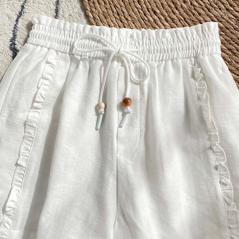 Nimara Ritual Summer Drawstring Ruffle Elastic Waist Women's Shorts With Pockets