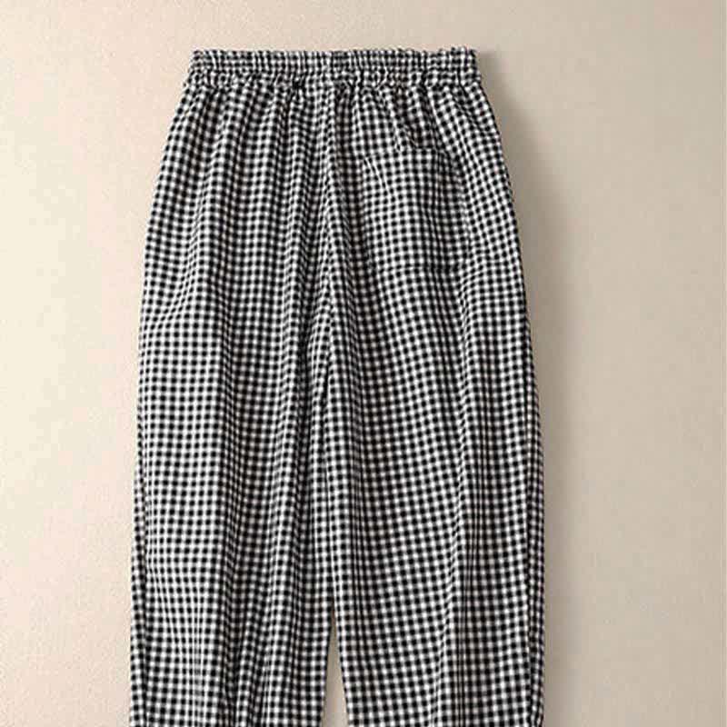 Nimara Ritual Summer Plaid Elastic Waist Cropped Women's Tapered Pants With Pockets