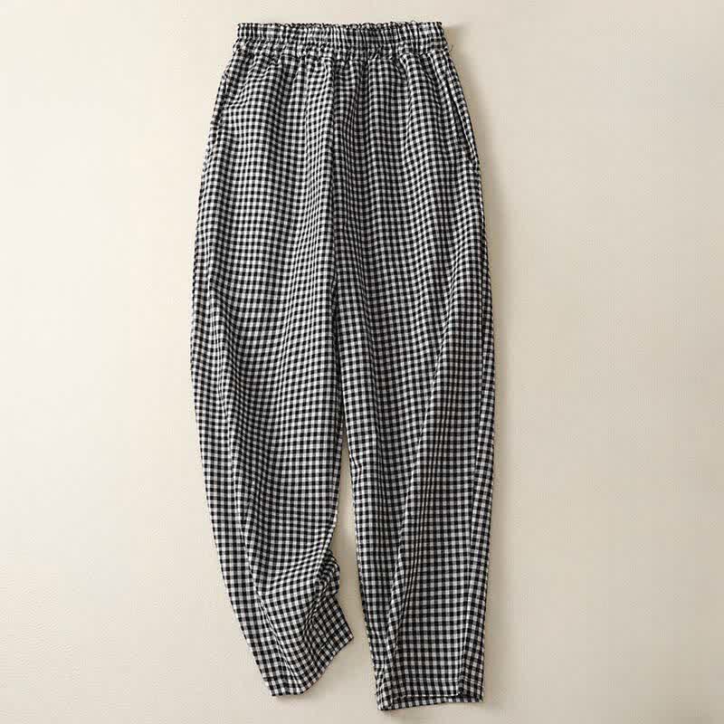 Nimara Ritual Summer Plaid Elastic Waist Cropped Women's Tapered Pants With Pockets