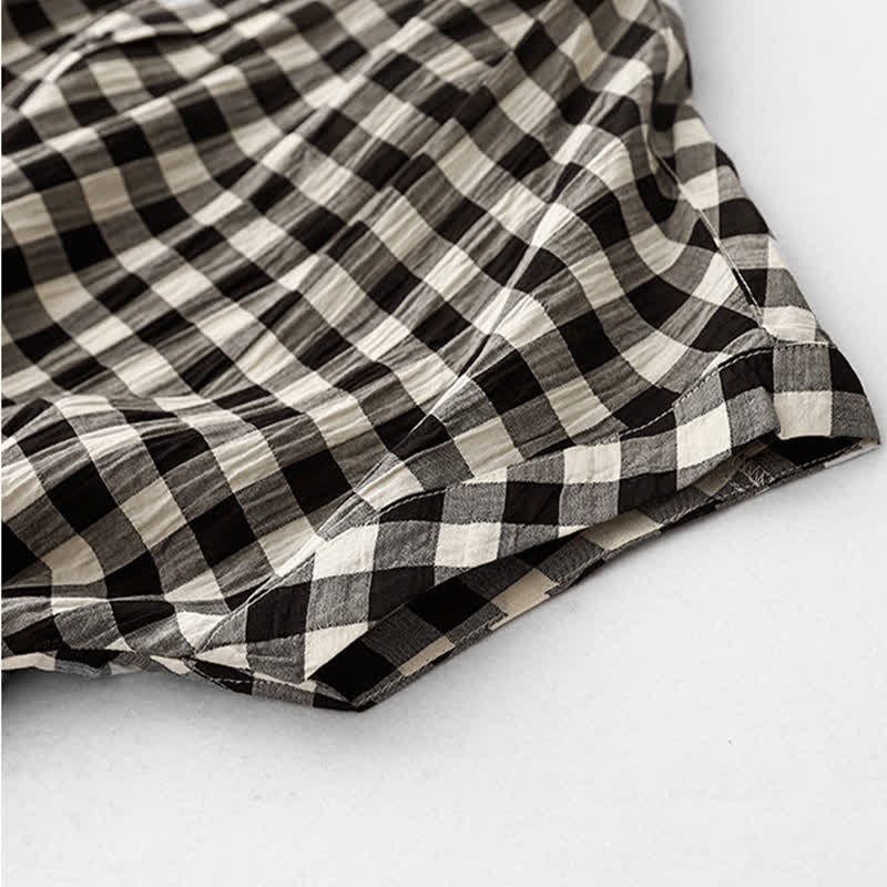 Nimara Ritual Spring Gingham Knee Length Women's Short Sleeve Dress With Tie Waist Chiffon Hem