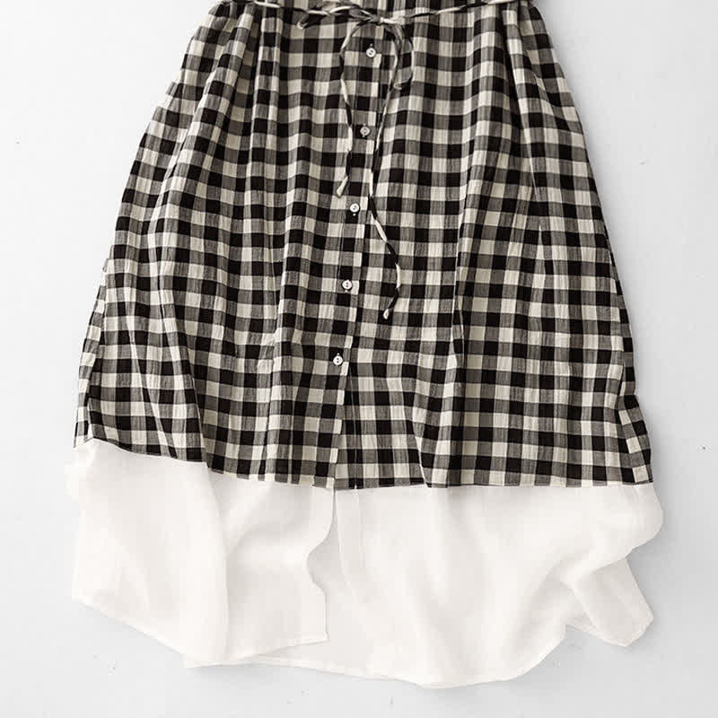 Nimara Ritual Spring Gingham Knee Length Women's Short Sleeve Dress With Tie Waist Chiffon Hem