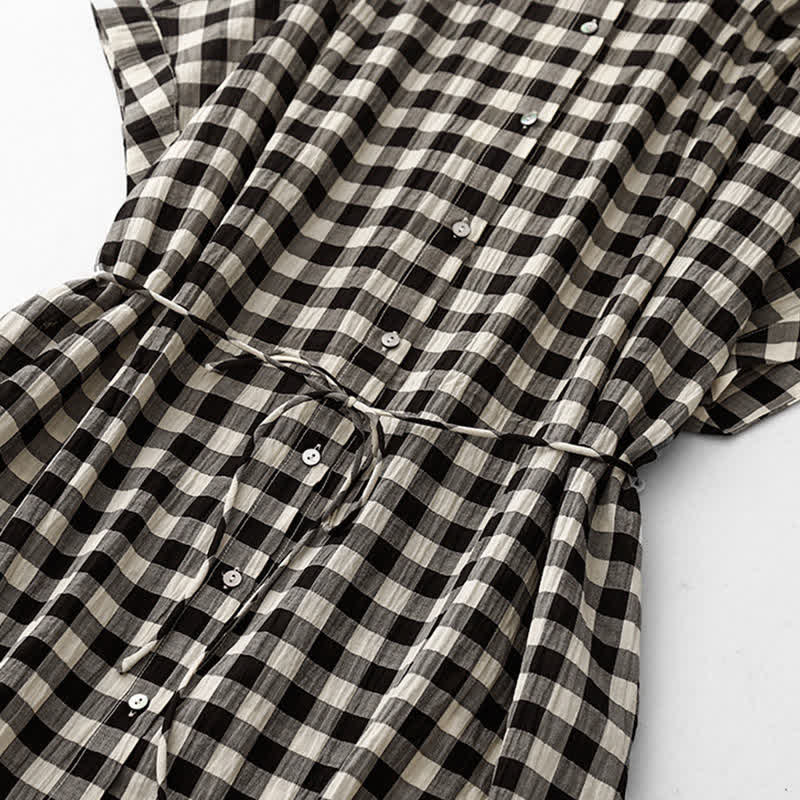 Nimara Ritual Spring Gingham Knee Length Women's Short Sleeve Dress With Tie Waist Chiffon Hem