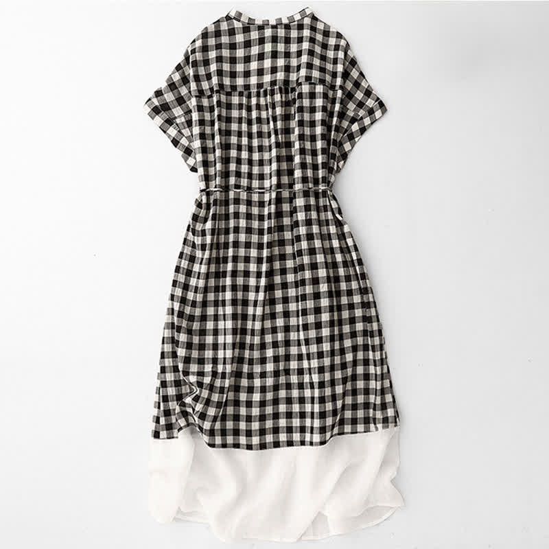 Nimara Ritual Spring Gingham Knee Length Women's Short Sleeve Dress With Tie Waist Chiffon Hem