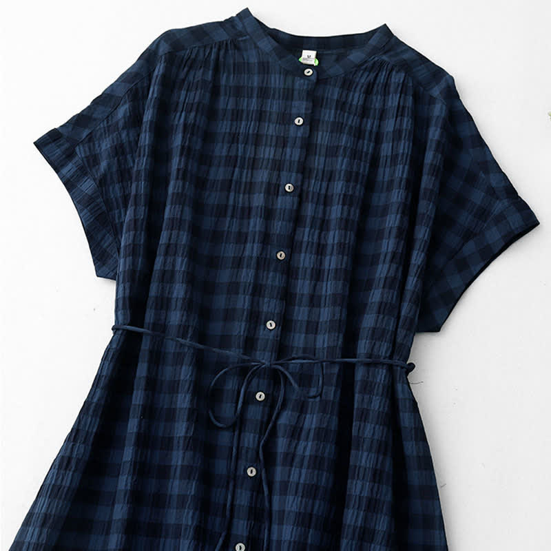 Nimara Ritual Spring Gingham Knee Length Women's Short Sleeve Dress With Tie Waist Chiffon Hem