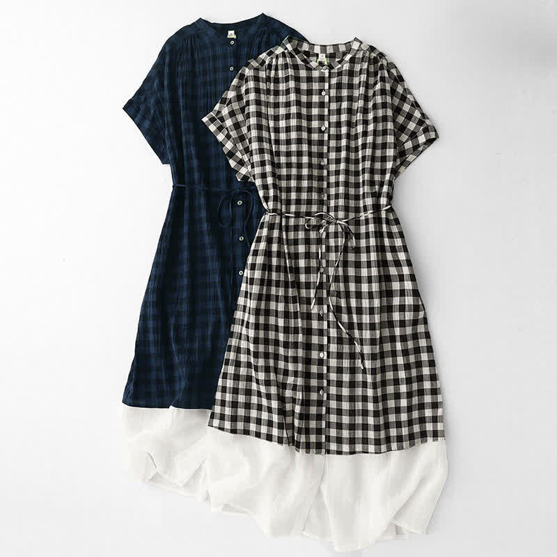 Nimara Ritual Spring Gingham Knee Length Women's Short Sleeve Dress With Tie Waist Chiffon Hem