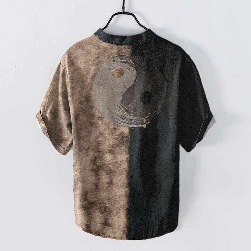 Nimara Ritual Cotton Two Tone Taiji Ink Print Men's Short Sleeve Half Button Shirt