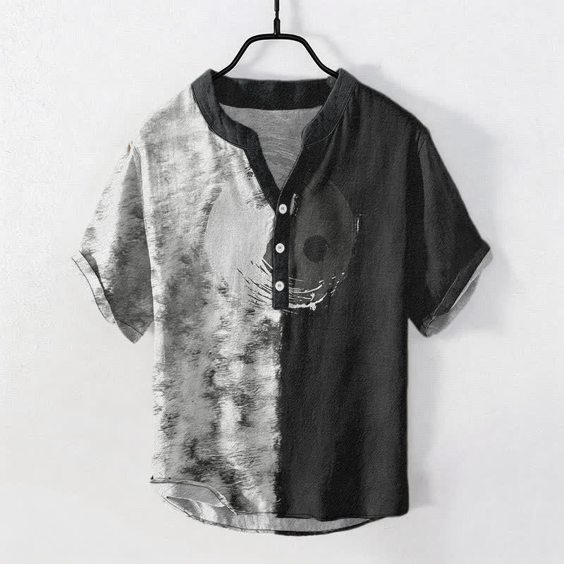 Nimara Ritual Cotton Two Tone Taiji Ink Print Men's Short Sleeve Half Button Shirt