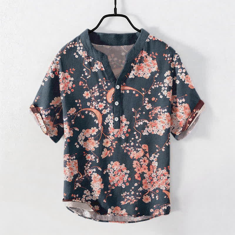 Nimara Ritual Cotton Pink Floral Henley Men's Short Sleeve Half Button Shirt