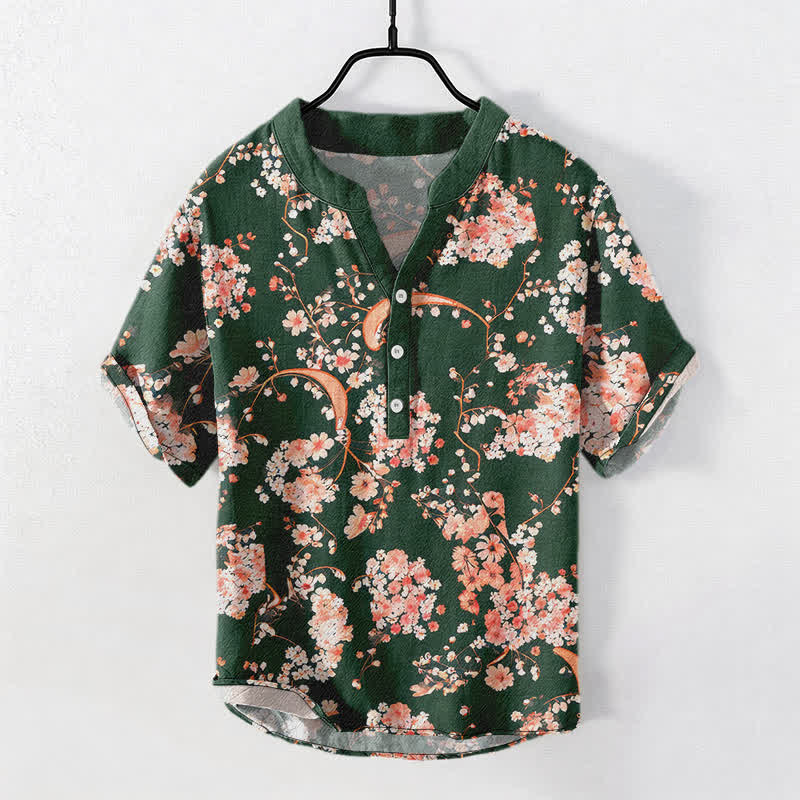 Nimara Ritual Cotton Pink Floral Henley Men's Short Sleeve Half Button Shirt