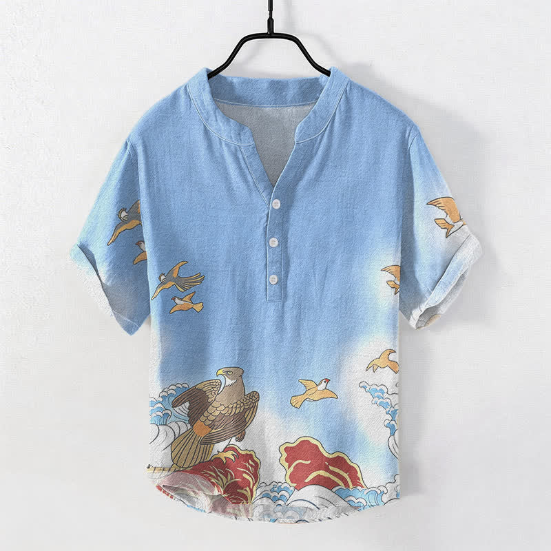 Nimara Ritual Cotton Ocean Bird Wave Rock Print Men's Short Sleeve Half Button Shirt