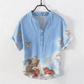 Nimara Ritual Cotton Ocean Bird Wave Rock Print Men's Short Sleeve Half Button Shirt