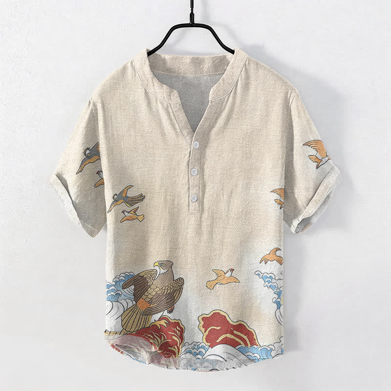Nimara Ritual Cotton Ocean Bird Wave Rock Print Men's Short Sleeve Half Button Shirt