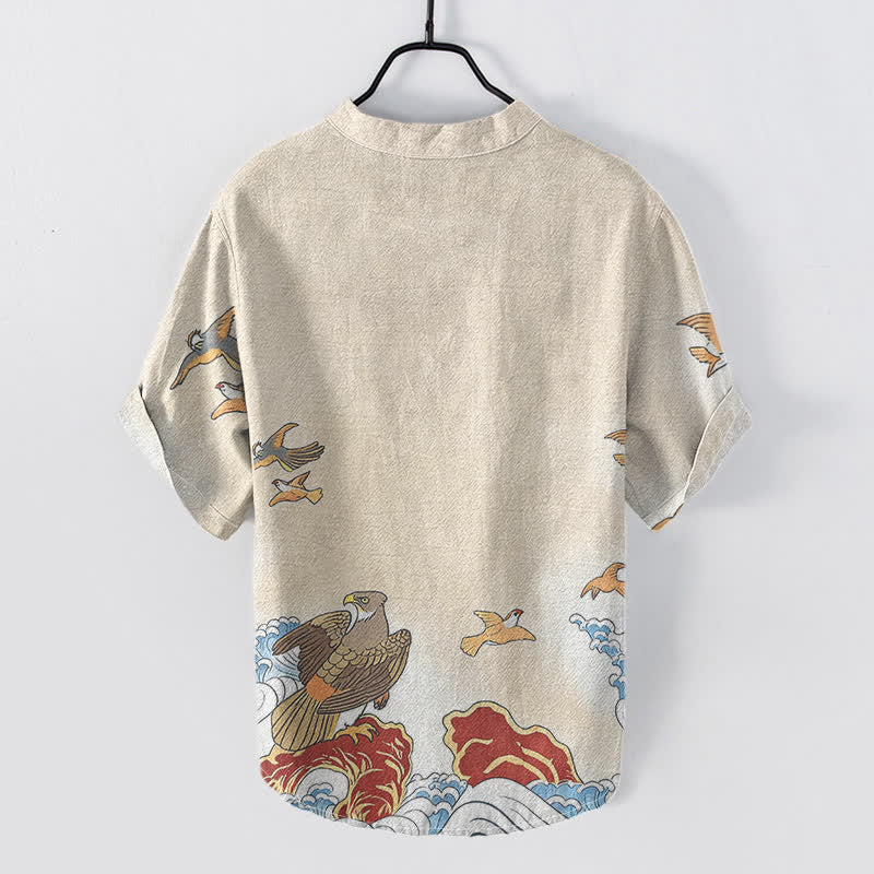 Nimara Ritual Cotton Ocean Bird Wave Rock Print Men's Short Sleeve Half Button Shirt