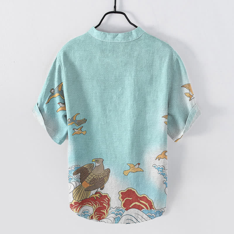 Nimara Ritual Cotton Ocean Bird Wave Rock Print Men's Short Sleeve Half Button Shirt