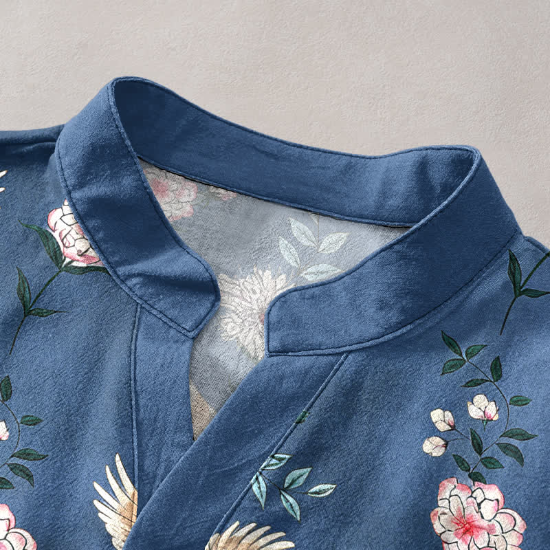 Nimara Ritual Cotton Crane Floral Print Men's Short Sleeve Half Button Shirt