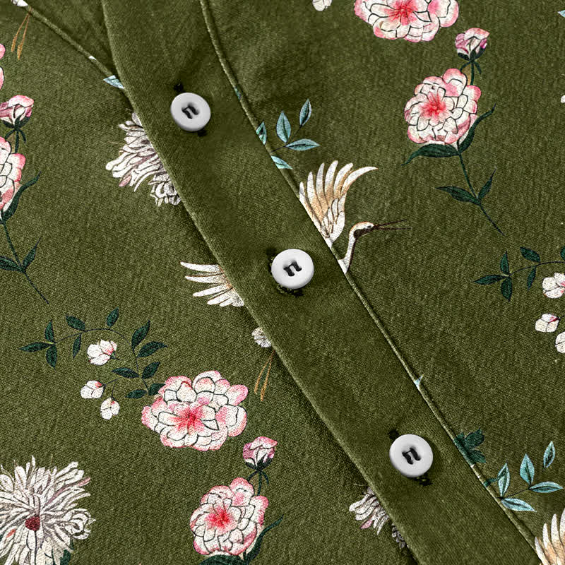 Nimara Ritual Cotton Crane Floral Print Men's Short Sleeve Half Button Shirt