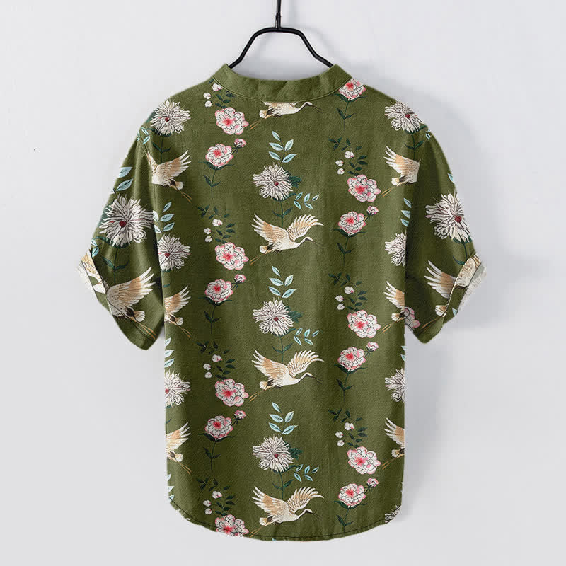 Nimara Ritual Cotton Crane Floral Print Men's Short Sleeve Half Button Shirt
