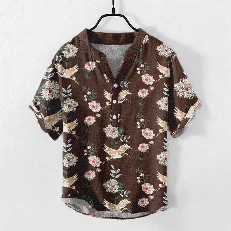 Nimara Ritual Cotton Crane Floral Print Men's Short Sleeve Half Button Shirt