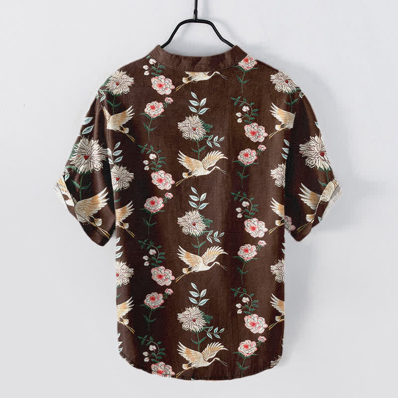 Nimara Ritual Cotton Crane Floral Print Men's Short Sleeve Half Button Shirt