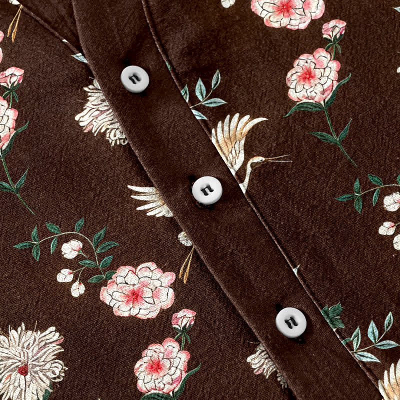 Nimara Ritual Cotton Crane Floral Print Men's Short Sleeve Half Button Shirt