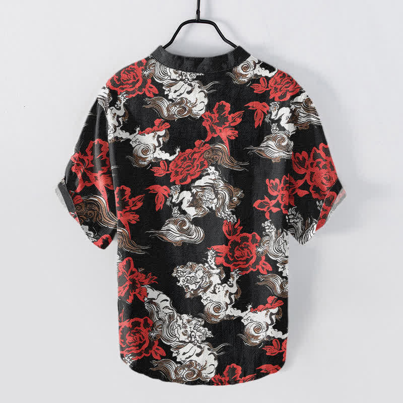 Nimara Ritual Cotton Red Floral Cloud Print Henley Men's Short Sleeve Half Button Shirt