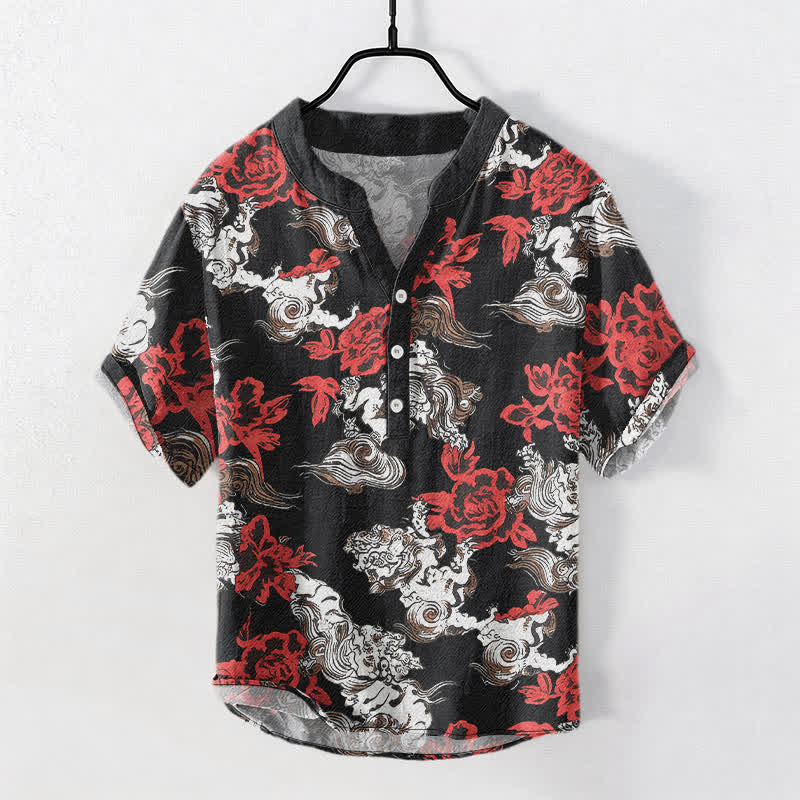 Nimara Ritual Cotton Red Floral Cloud Print Henley Men's Short Sleeve Half Button Shirt