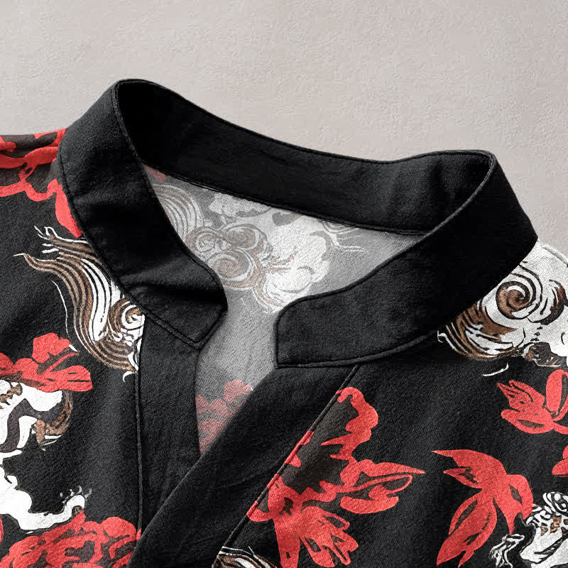 Nimara Ritual Cotton Red Floral Cloud Print Henley Men's Short Sleeve Half Button Shirt