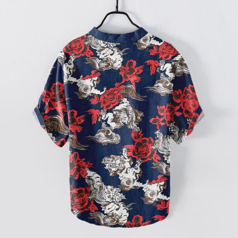 Nimara Ritual Cotton Red Floral Cloud Print Henley Men's Short Sleeve Half Button Shirt