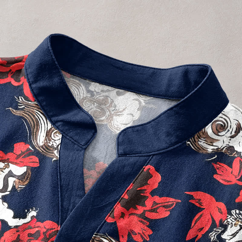 Nimara Ritual Cotton Red Floral Cloud Print Henley Men's Short Sleeve Half Button Shirt