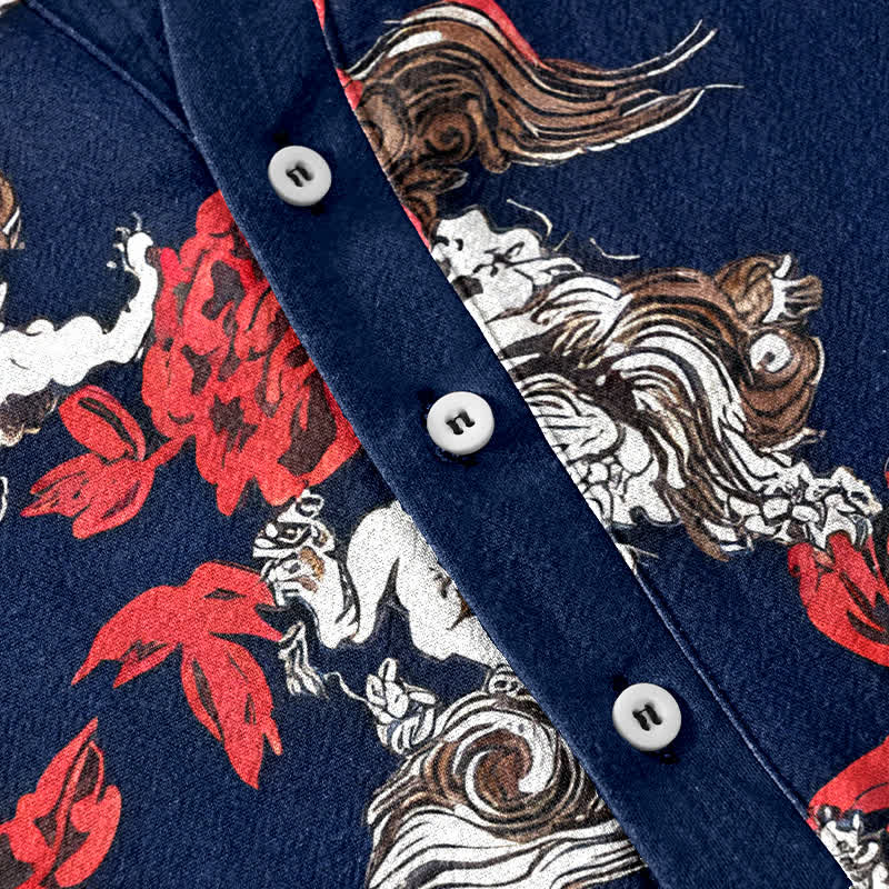 Nimara Ritual Cotton Red Floral Cloud Print Henley Men's Short Sleeve Half Button Shirt