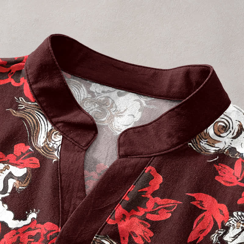 Nimara Ritual Cotton Red Floral Cloud Print Henley Men's Short Sleeve Half Button Shirt