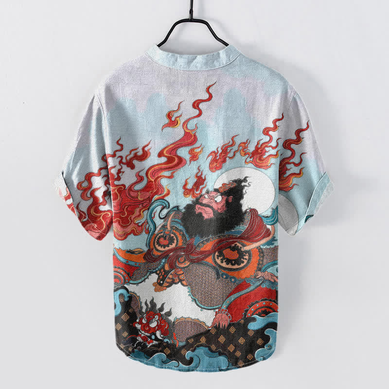 Nimara Ritual Cotton Mythic Flame Print Men's Short Sleeve Half Button Shirt