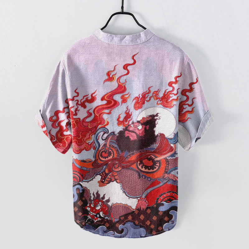Nimara Ritual Cotton Mythic Flame Print Men's Short Sleeve Half Button Shirt