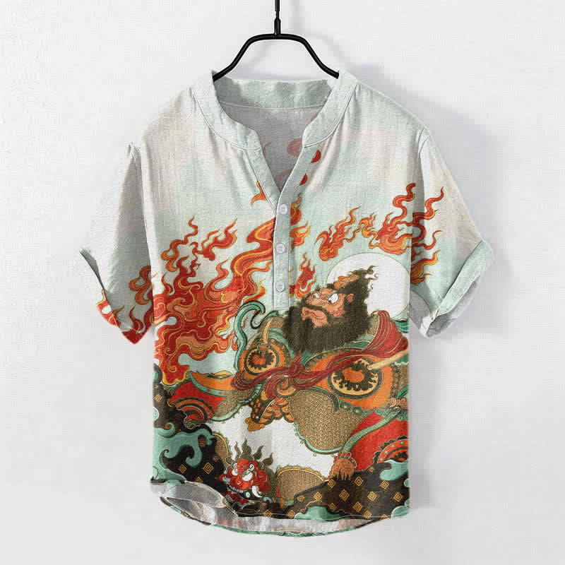 Nimara Ritual Cotton Mythic Flame Print Men's Short Sleeve Half Button Shirt