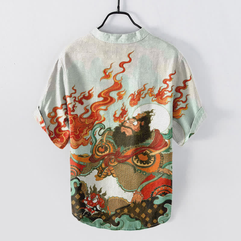 Nimara Ritual Cotton Mythic Flame Print Men's Short Sleeve Half Button Shirt