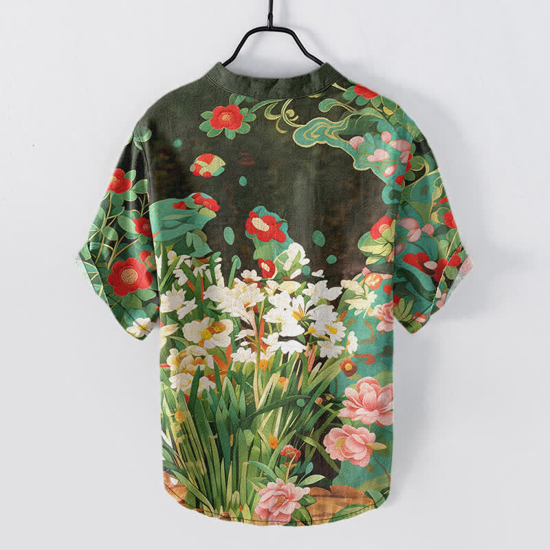 Nimara Ritual Cotton Tropical Floral Print Men's Short Sleeve Half Button Shirt