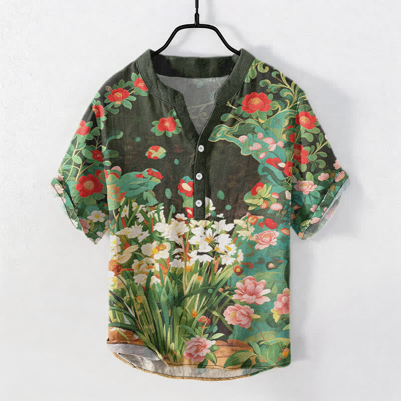 Nimara Ritual Cotton Tropical Floral Print Men's Short Sleeve Half Button Shirt