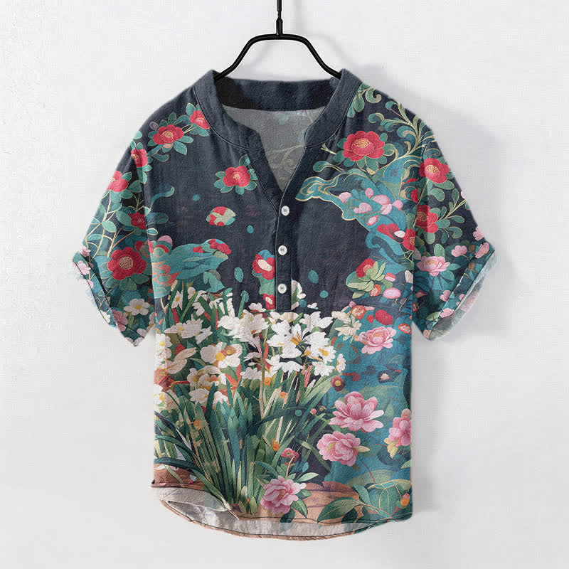 Nimara Ritual Cotton Tropical Floral Print Men's Short Sleeve Half Button Shirt