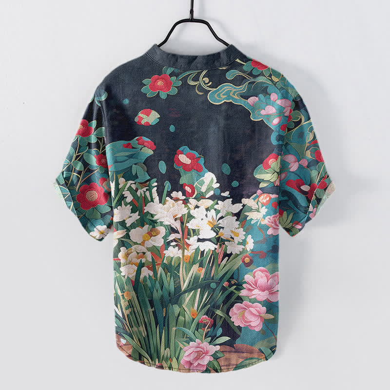 Nimara Ritual Cotton Tropical Floral Print Men's Short Sleeve Half Button Shirt