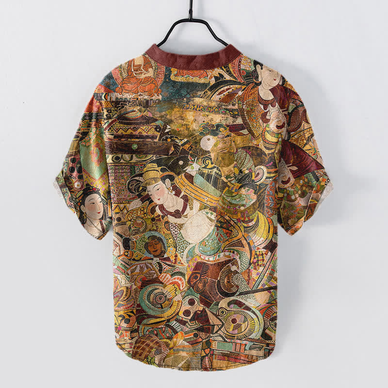 Nimara Ritual Cotton Portrait Print Men's Short Sleeve Half Button Shirt